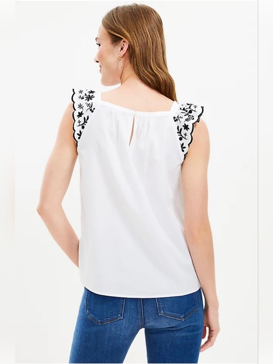 LOFT Embroidered Flutter Sleeve Square Neck Summer Top White & Black Size M - Picture 2 of 11